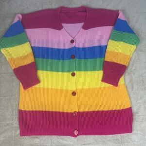 Unbranded Cardigan Sweater Womens‎ XL Rainbow Striped Good Chunky Knit V-Neck